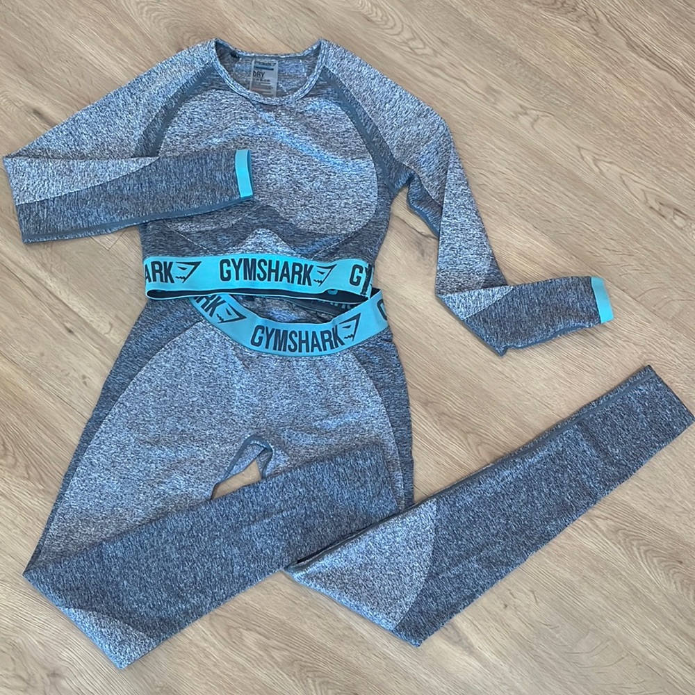 Gymshark Gray and Blue Flex Set Long Sleeve Crop Top and Leggings